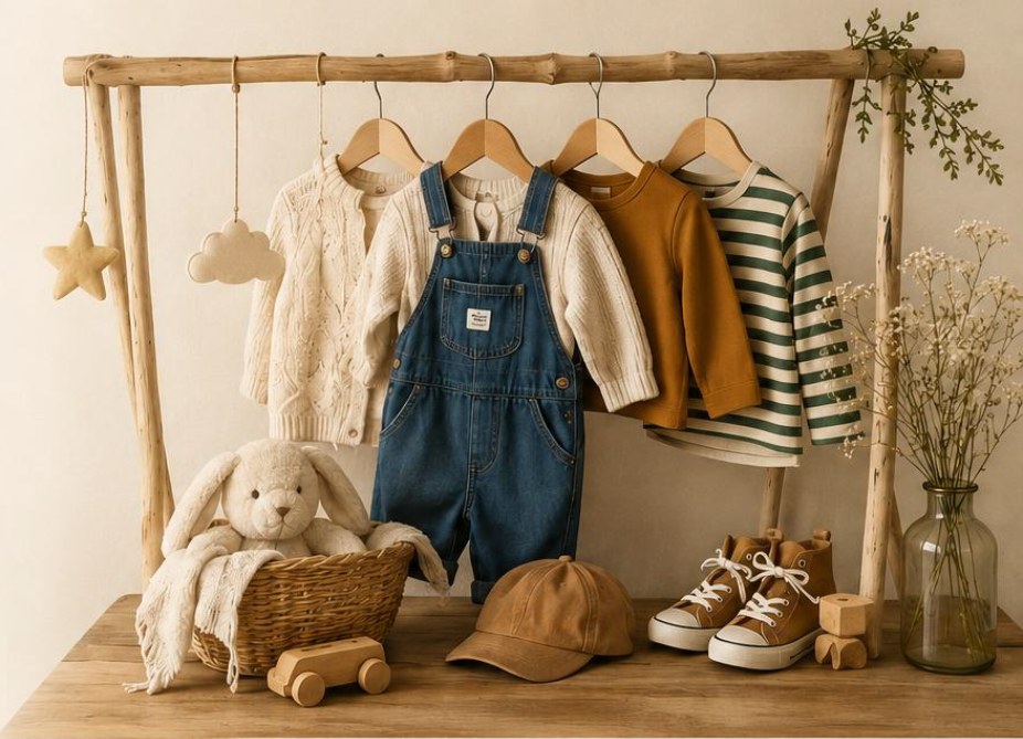 Portant de bois avec des vêtements d’enfants d’occasion : gilets tricotés, salopette en denim, chandail rayé, panier, peluche lapin, casquette et espadrilles.